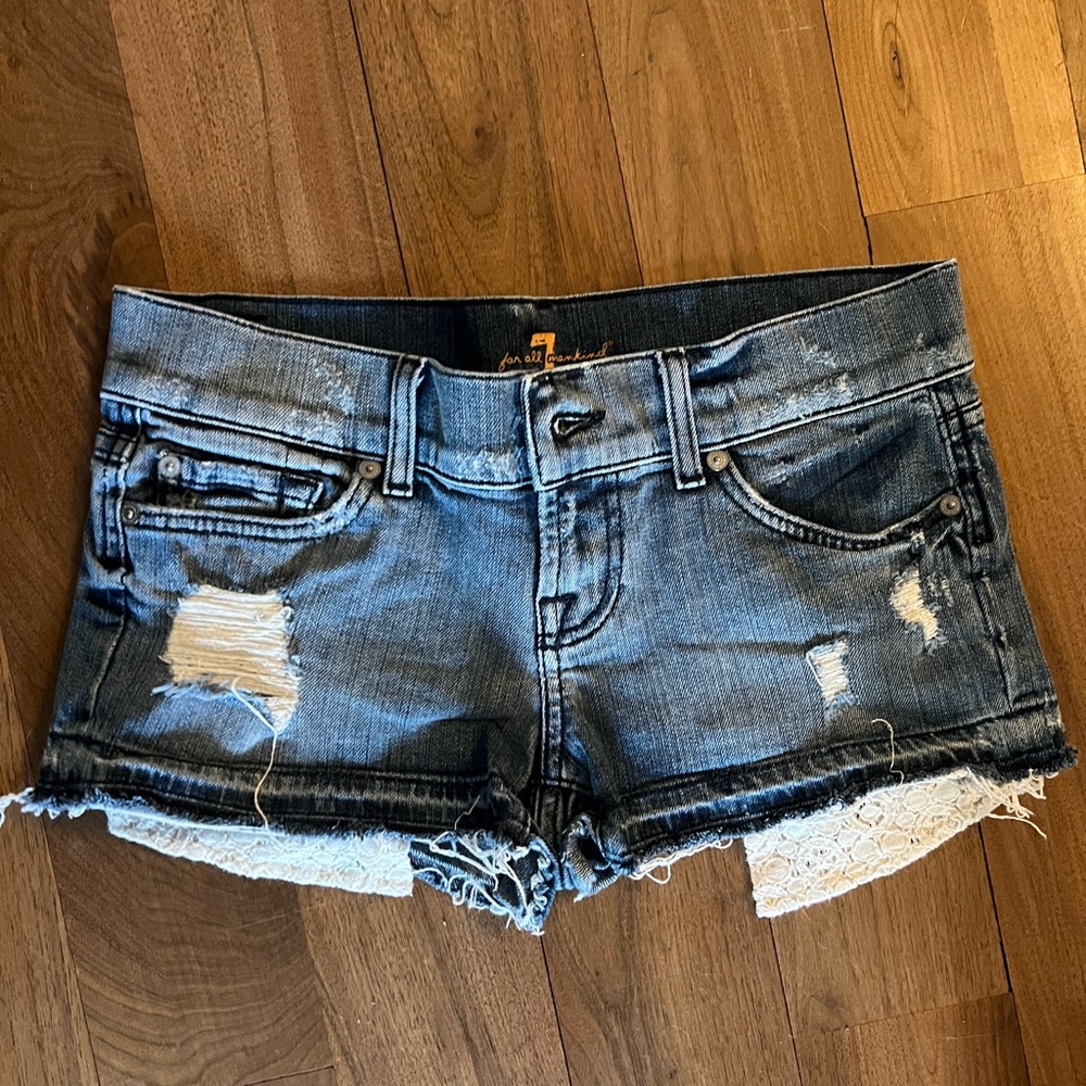 7 for All Mankind Distressed Cutoff Shorts with Crochet Detail - Size 26